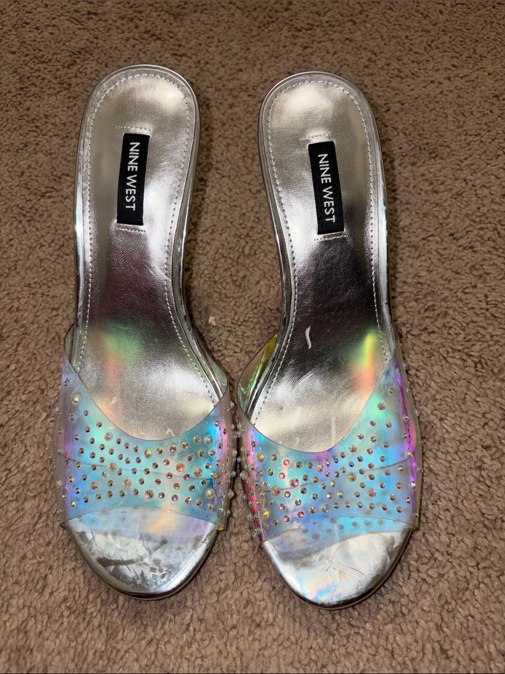 Nine West Iridescent Holographic Slide Mules - Silver